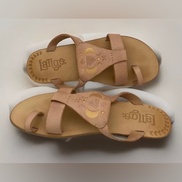 Latigo Embroidered Beige Leather Women’s Toe Loop Flat Sandals Thong Size 7.5 - Picture 3 of 7